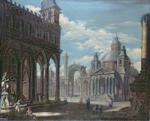 Capriccio of a piazza with Gothic, Roman and Baroque buildings